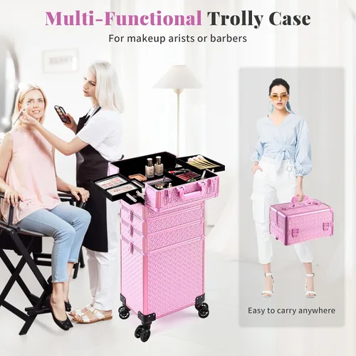 Miniatura 4 de AROUS Estuche de maquillaje rodante 5 en 1, estuche de cosmetología con ruedas, organizador cosmético grande, carro de viaje para estilista
