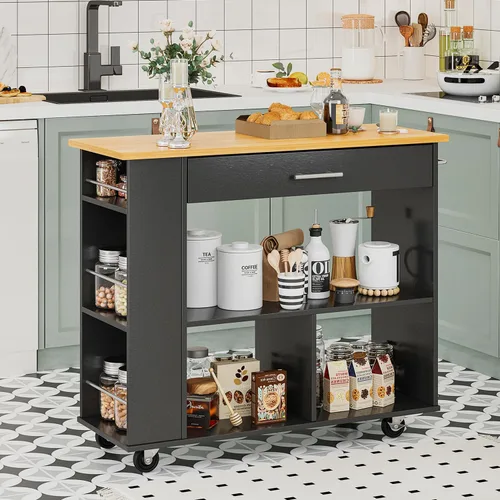 Miniatura 11 de SUNLEI Carrito de isla de cocina con ruedas con armario de almacenamiento y cajón, mesa de cocina con ruedas de 26 pulgadas de ancho, asa