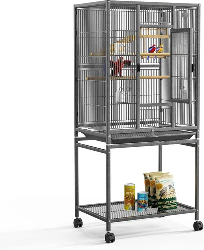 Jaula grande de 54 pulgadas para pájaros con ruedas, jaula duradera de hierro forjado con bandeja deslizante, jaulas para pájaros negros con tazas