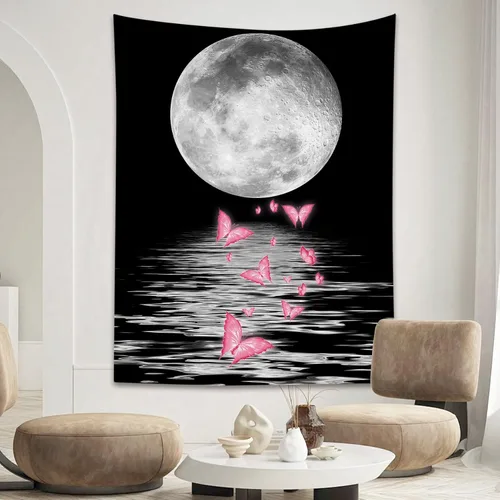 Miniatura 29 de LB Tapiz pequeño de luna llena sobre océano, tapiz de pared de cielo nocturno estrellado, fantasía 3D, arte de pared de luna grande en blanco