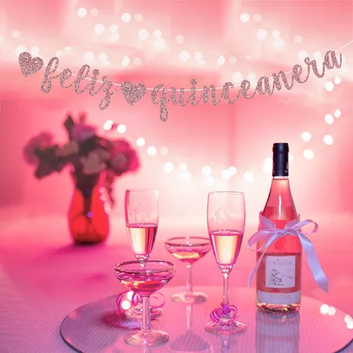 Miniatura 3 de Cartel de Feliz Quinceañera, oro rosa con purpurina Happy Quinceañera/Princesa De Quince/Mis Quince 15, suministros de decoración de fiesta