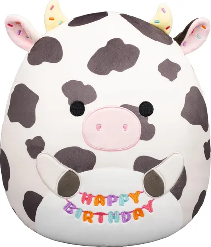Miniatura 12 de Squishmallows Original de 12 Pulgadas Delenne The Rainbow Perro Tie-Dye con Sombrero de Fiesta - Peluche Oficial de Jazwares "Happy Birthday" Perro
