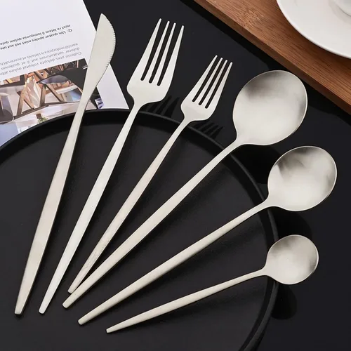Miniatura 2 de JASHII Juego de cubiertos mate de 36 piezas con mango plano acabado satinado negro acero inoxidable cubiertos servicio para 6 para cocina casera