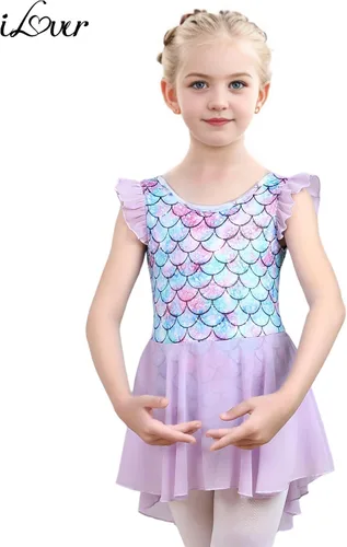 Miniatura 2 de iLover Vestido de leotardo clásico con mangas con volantes para niñas, para danza, gimnasia y ballet