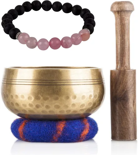 Juego de cuenco tibetano con piedra de lava y pulsera de cuarzo rosa Mala, hecho a mano en Nepal para curación de chakras, meditación, ajuste de