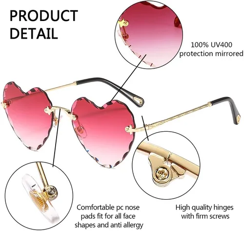Miniatura 4 de Dollger Lentes de sol con forma de corazón, con marco de metal fino, sin marco, con forma de corazón, con protección UV400 para mujer