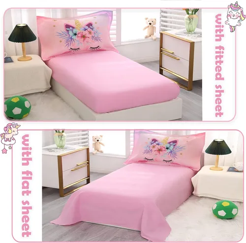 Miniatura 3 de KINBEDY Juego de ropa de cama para niños pequeños, 4 piezas, juego de ropa de cama de unicornio rosa para niñas, suave y lindo diseño floral, juego
