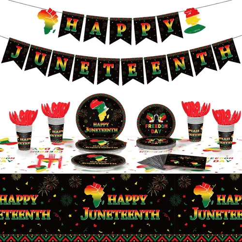172 piezas de suministros para fiesta de Juneteenth sirven 24, incluye mantel, pancarta de feliz junio, 19 de junio, Día de la Libertad y