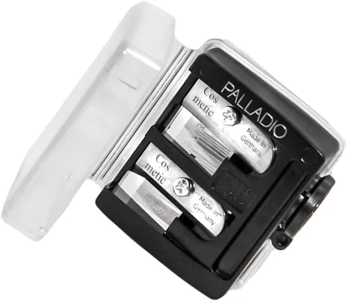 Palladio Sacapuntas cosméticos 3 en 1 de doble barril con tapa, hoja de acero inoxidable, ajustador de tamaño, esencial para delineador de labios