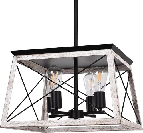 Lámpara de araña de granja para comedor, lámpara rústica de isla de cocina, luz colgante grande envejecida de madera blanca, lámpara colgante de 4