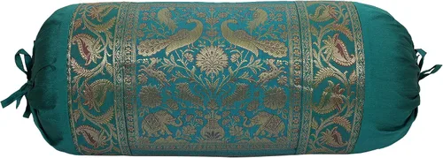 Miniatura 3 de Funda de almohada rectangular de seda brocado de jacquard étnico para yoga, cilíndrico, perrito caliente, tubo verde oscuro, sala de estar