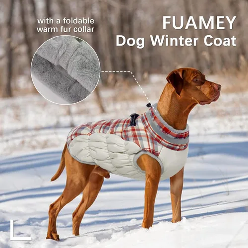 Miniatura 4 de FUAMEY - Abrigo de invierno para perro, chaquetas con arnés integrado, chaleco acolchado con cremallera, ropa reflectante para perros pequeños, Rojo