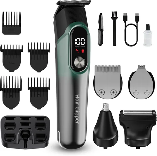 Miniatura 8 de RUIBO Cortadora de barba para hombres, kit de cortapelos inalámbrico 5 en 1 con maquinilla de afeitar de aluminio, peluquería corporal impermeable