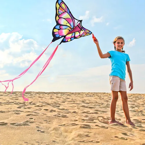 Miniatura 4 de Simxkai Cometa de mariposa para niños y adultos, fácil de volar azul cometa grande para principiantes, mango de línea incluido