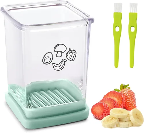 Rebanador de Copa, Rebanador de Fresas y Plátanos de Acero Inoxidable, Cortador Rápido de Frutas con Placa de Empuje, Para Hacer Ensaladas Cian