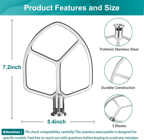 Miniatura 3 de Batidor plano compatible con KitchenAid de 5 a 6 cuartos de galón, batidora de acero inoxidable pulido airkitrep para batidoras de pie de cocina
