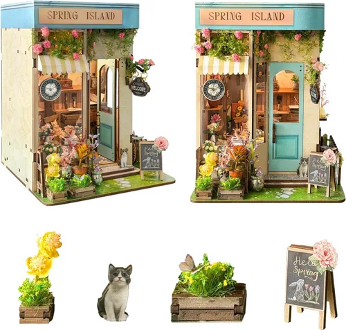 Miniatura 14 de Kit de rincón de lectura - Kit de casa de muñecas DIY en miniatura de madera con cubierta de polvo, estantería decorativa, rompecabezas 3D