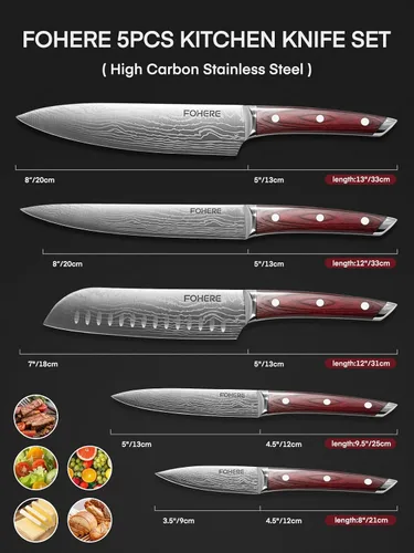 Miniatura 2 de FOHERE Juego de cuchillos de chef, 5 cuchillos de cocina ultra afilados con mango ergonómico de madera de Pakka roja, juego de cuchillos