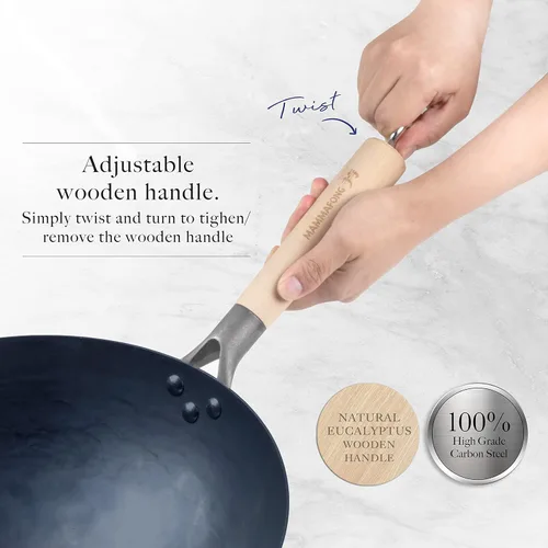 Miniatura 5 de Juego tradicional de wok de acero al carbono con fondo redondo martillado a mano con espátula Wok y cepillo de bambú