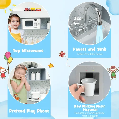 Miniatura 3 de KOTEK Juego de cocina de madera para niños pequeños con dispensador de agua y estufas/luces y sonidos, microondas, horno, teléfono y utensilios