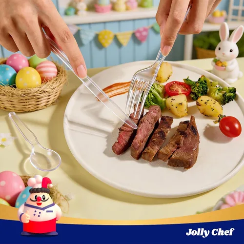 Miniatura 8 de JOLLY CHEF Juego de 300 cubiertos de plástico transparente, 100 tenedores, 100 cucharas, 100 cuchillos, juego de cubiertos de plástico desechables