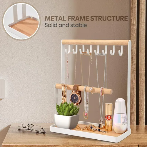Miniatura 6 de Portin Organizador de joyas con bandeja de anillos de madera y ganchos almacenamiento de collares pulseras anillos relojes organizador de escritorio