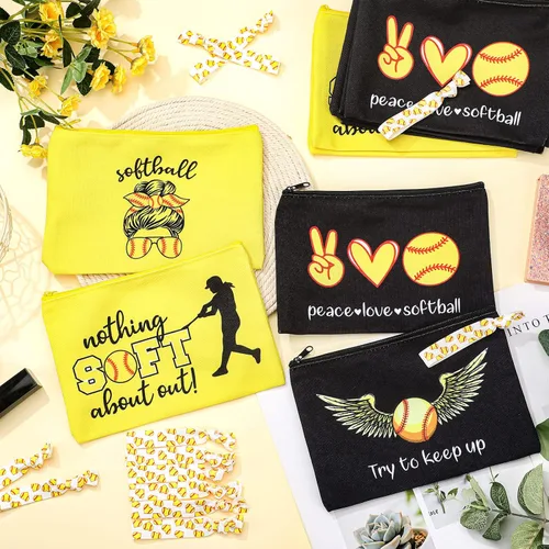 Miniatura 7 de Kajaia 24 piezas de softbol para fiestas, bolsas de cosméticos de softbol para el cabello, pulseras deportivas para el cabello, bolsa de viaje