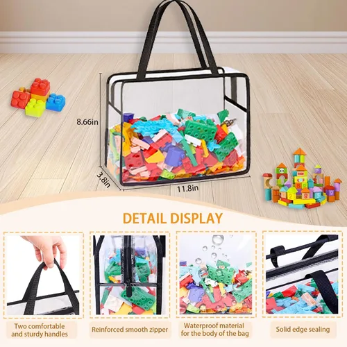 Miniatura 5 de Paquete de 6 bolsas grandes de almacenamiento de juguetes, organizador transparente reutilizable con cremallera para bloques de construcción