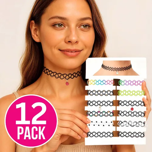 Miniatura 2 de BodyJ4You 12PC Tattoo Choker Necklace for Women - 90s Choker Necklaces Y2K Fashion Trendy Vintage - Emo Black Choker Rainbow Pink White Purple Neon