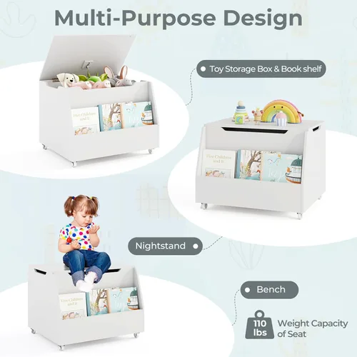 Miniatura 5 de Costzon Caja de juguetes para niños, organizador de almacenamiento de juguetes móvil de madera con estantería y ruedas con cerradura para niñas