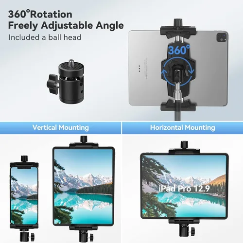 Miniatura 9 de KDD Adaptador de trípode para iPad y teléfono con cabeza esférica, soporte para iPad para trípode, soporte giratorio de 360 grados para tableta
