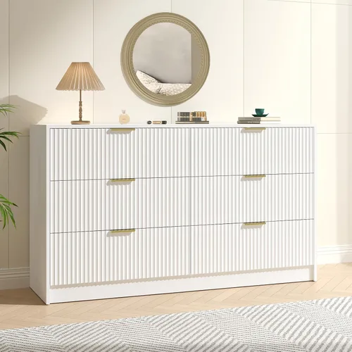 Miniatura 9 de Cómoda negra con 7 cajones, cómoda acanalada de 55 pulgadas de ancho para dormitorio con mango de metal, cómoda, soporte de TV de madera para Negro