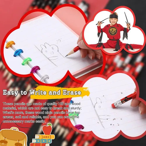 Miniatura 5 de Nezyo 24 lápices ninja para niños, lápices de karate ninja con borrador, decoraciones de fiesta de cumpleaños para regalo de regreso a la escuela