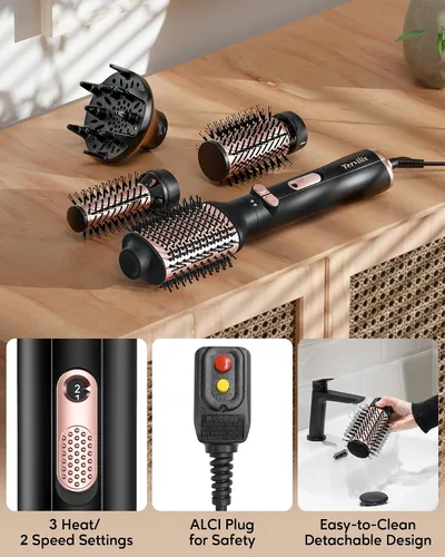 Miniatura 6 de Terviiix - Cepillo de aire caliente 4 en 1, estilizador de 1000 W con 2 cepillos redondos giratorios Volumizing Blowout Styler to Finish