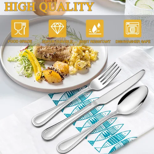 Miniatura 2 de LIANYU Juego de cubiertos para 4, juego de cubiertos de acero inoxidable de 20 piezas, utensilios de cocina de lujo con borde perlado, vajilla