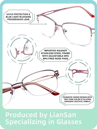 Miniatura 6 de LianSan Metal Zero Top - Gafas de lectura progresivas multienfoque para mujeres de media montura con bloqueo de luz azul, parte superior Rosa
