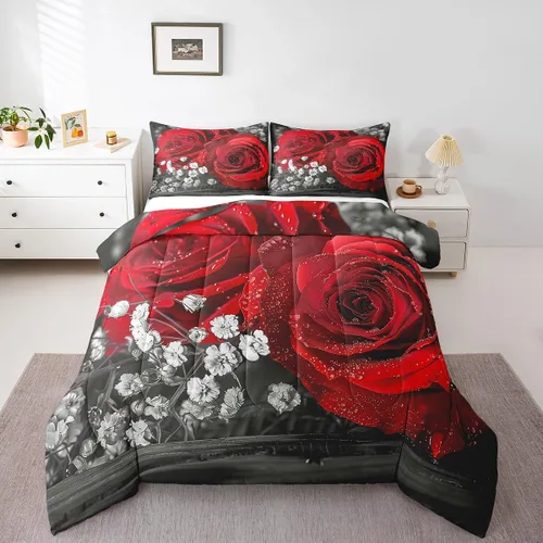Miniatura 20 de Juego de edredón de rosas rojas, tamaño individual, juego de ropa de cama floral rojo degradado negro para niñas, mujeres, niños, adolescentes