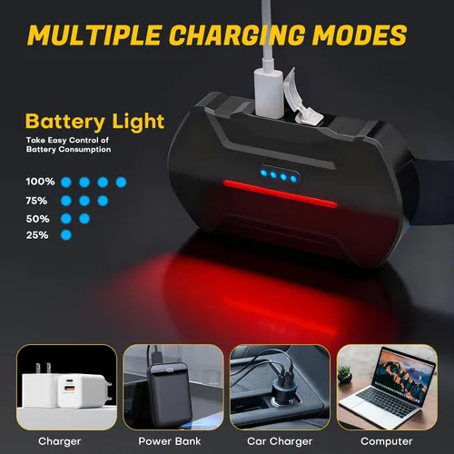Miniatura 7 de MIOISY - Linterna recargable para cabeza, 8 luces LED súper brillantes, lámpara de cabeza con luz roja y blanca, resistente al agua IPX4, 8 modos