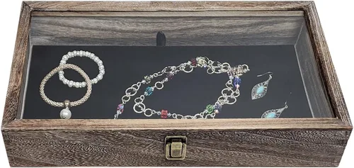 Miniatura 4 de MOOCA Vitrina de madera con tapa de cristal, vitrina de cuchillo de bolsillo con almohadilla de exhibición de joyería de terciopelo MDF de lujo