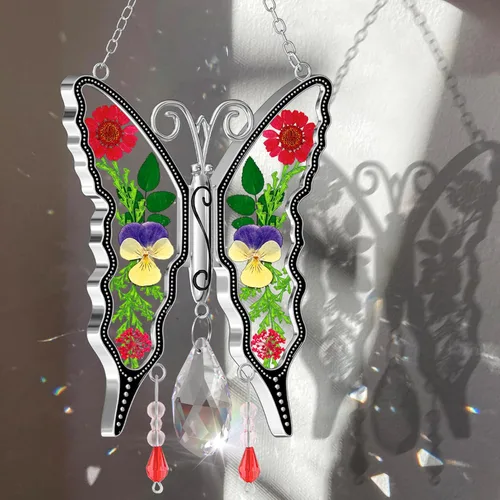 Miniatura 6 de KY&BOSAM Atrapasoles de Mariposa de Cristal de Vidrio Emplomado Atrapasol para Ventana Colgante Campanilla de Viento con Flores Secas y Coloridos