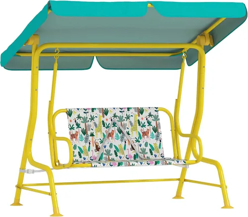 Miniatura 10 de Qaba Columpio de patio para niños, 2 plazas para porche al aire libre con toldo ajustable, cinturón de seguridad, banco colgante con patrón de zorro