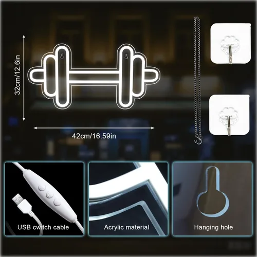 Miniatura 5 de Letrero de neón de gimnasio Lucunstar en forma de barra y mancuerna Luces de neón blancas pegatinas de pared para gimnasio para decoración de club
