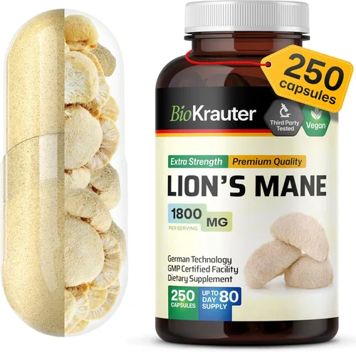 BIO KRAUTER® Melena de Leones para el apoyo del enfoque y la salud cerebral, suplemento vegano de hongo de melena de león, claridad natural y apoyo