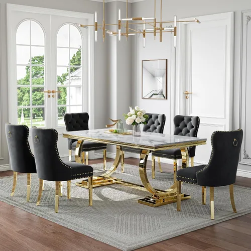 Miniatura 55 de Juego de mesa de comedor de mármol de 70 pulgadas para 6, mesa de cocina grande y sillas de cuero negro, mesas de comedor modernas negras y doradas