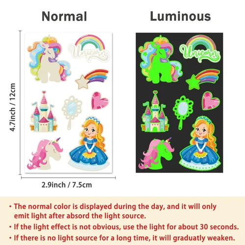 Miniatura 6 de Más de 252 piezas de tatuajes temporales de princesa unicornio brillante para niños, 36 hojas de tatuajes falsos de castillo arcoíris, dulces
