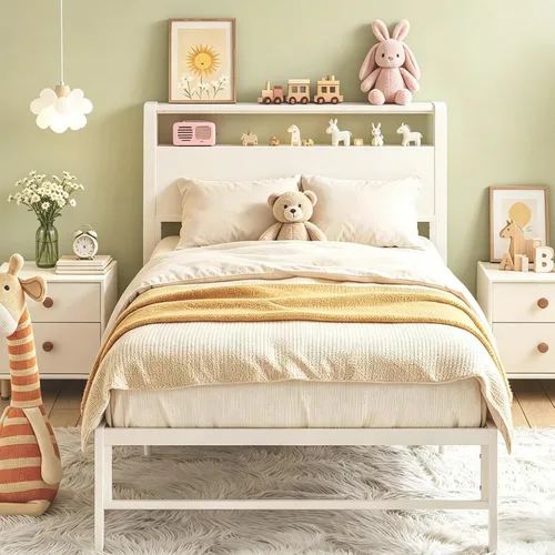 Miniatura 9 de Weehom Marco de cama individual para niños, cama de tamaño individual con estantes de madera de 2 niveles, cabecero debajo de la cama, espacio