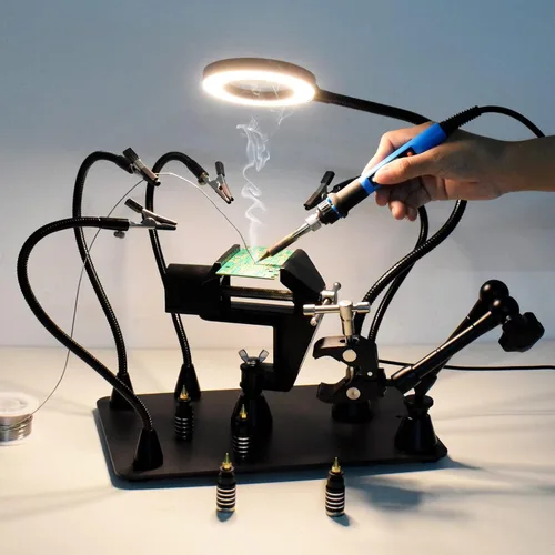 Miniatura 2 de Manos magnéticas que ayudan a soldar tercera mano, soporte para placa de circuito PCB con lámpara de aumento LED 3X, soporte para pistola de aire