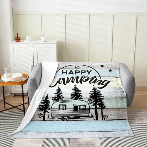 Miniatura 2 de jejeloiu Manta de cama de campamento para todas las estaciones, manta de franela de vellón con temática de campamento feliz, manta peluda de madera