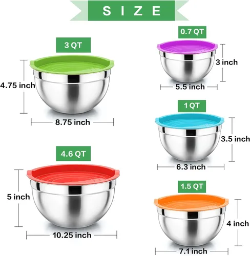 Miniatura 4 de P&P CHEF Juego de 5 cuencos para mezclar con tapas herméticas, 10 piezas de acero inoxidable, cuenco de metal con tapa para preparación y Varios