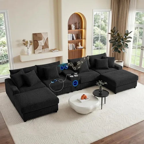 Miniatura 10 de MAKIAAP Sofá modular de pana de 83 pulgadas con altavoces, cómodo sofá biplaza de asiento profundo con otomana móvil, consola, cargador USB, Beige